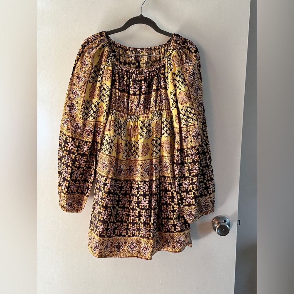 VTG 60,70s LinenHempYellowBrownRed Floral Boho mini off shoulder Dress S